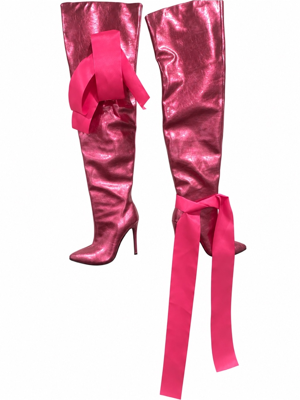 Metallic Fuchsia Over-the-Knee Stiletto Boots with Ribbon Accent - Picture 2 of 3